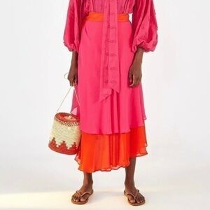 Farm Rio Color Block Asymmetrical  Tiered Wrap Midi Skirt in Pink and Red Small